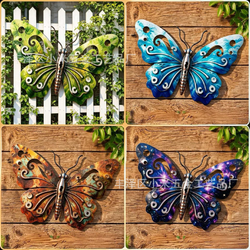 Deco de perete cu fluture metalic, artă din fier colorată pentru grădină și exterior