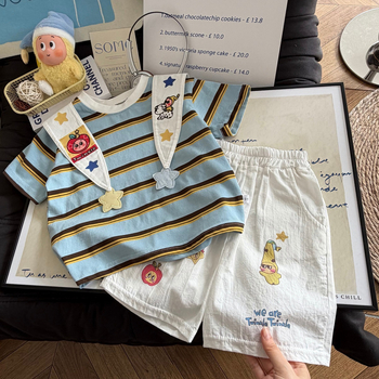 Set de vară pentru copii, trei piese, stil coreean, top cu dungi și imprimat cu desene animate, 100% bumbac