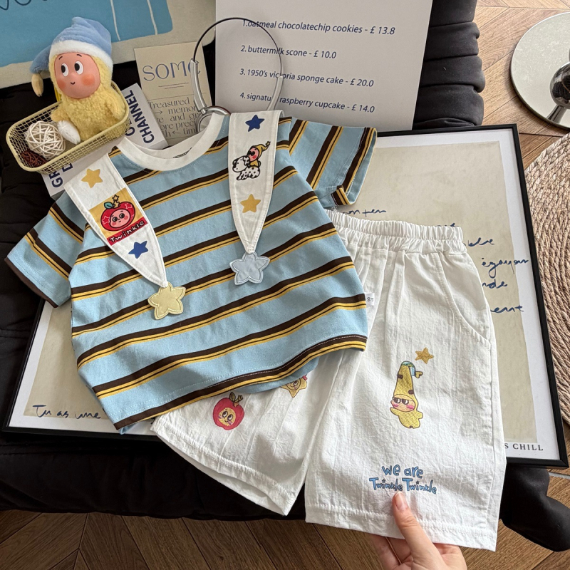 Set de vară pentru copii, trei piese, stil coreean, top cu dungi și imprimat cu desene animate, 100% bumbac