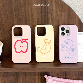 Husă moale TPU pentru iPhone 14 Pro Max cu artă de fructe în linii, inspirație Instagram, culori roz galben mov