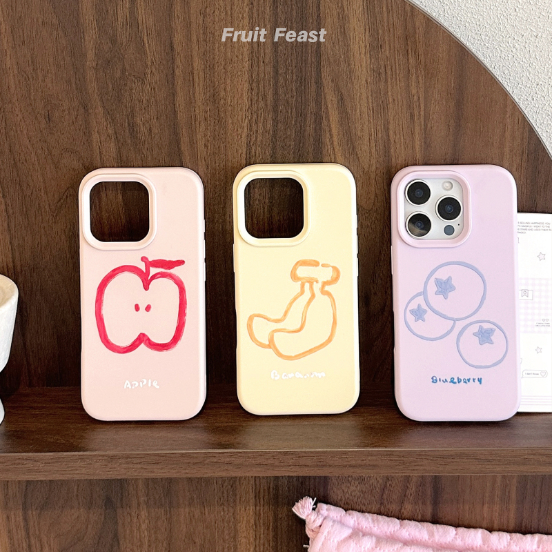 Husă moale TPU pentru iPhone 14 Pro Max cu artă de fructe în linii, inspirație Instagram, culori roz galben mov