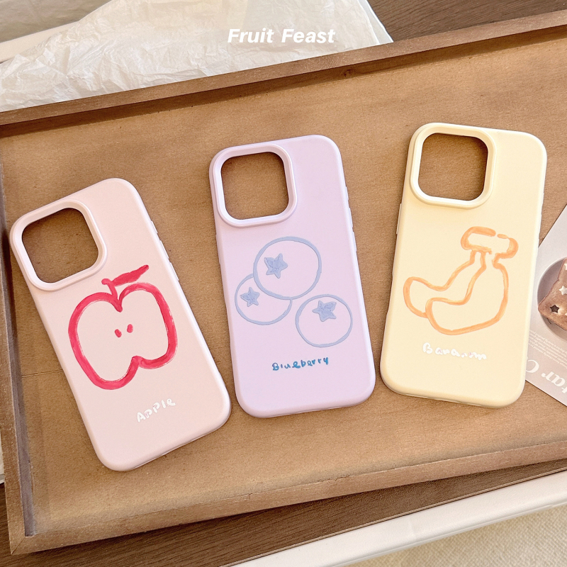 Husă moale TPU pentru iPhone 14 Pro Max cu artă de fructe în linii, inspirație Instagram, culori roz galben mov