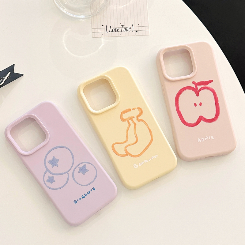 Husă moale TPU pentru iPhone 14 Pro Max cu artă de fructe în linii, inspirație Instagram, culori roz galben mov