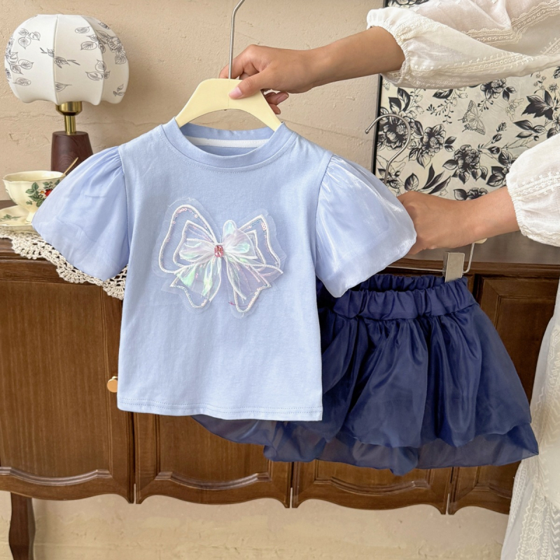 Set de două piese pentru fete: tricou cu mâneci bufante și fustă din plasă cu funda, vară