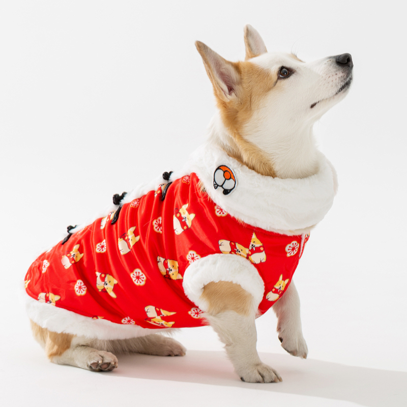 Haine de iarnă pentru animale de companie, palton din bumbac cu imprimare integrală și eșarfă, costum Tang pentru Anul Nou Chinezesc, pentru câini și pisici mici și medii.