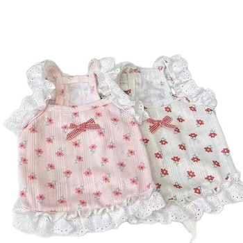 Rochie de primăvară-vară pentru câini, dantelă florală, bretele, stil prințesă