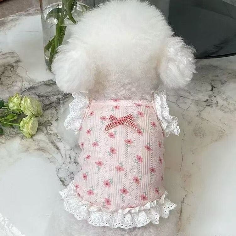 Rochie de primăvară-vară pentru câini, dantelă florală, bretele, stil prințesă