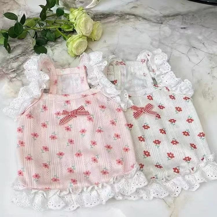 Rochie de primăvară-vară pentru câini, dantelă florală, bretele, stil prințesă