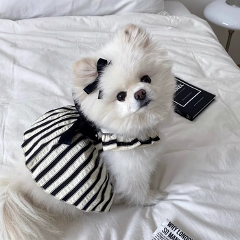 Rochie pentru câini mici, cu dungi negre și albe, stil Hepburn, cu fundă și lesă, pentru Bichon Frisé