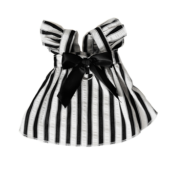 Rochie pentru câini mici, cu dungi negre și albe, stil Hepburn, cu fundă și lesă, pentru Bichon Frisé
