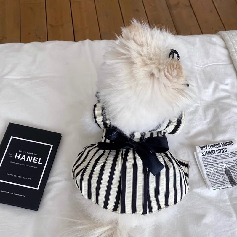 Rochie pentru câini mici, cu dungi negre și albe, stil Hepburn, cu fundă și lesă, pentru Bichon Frisé
