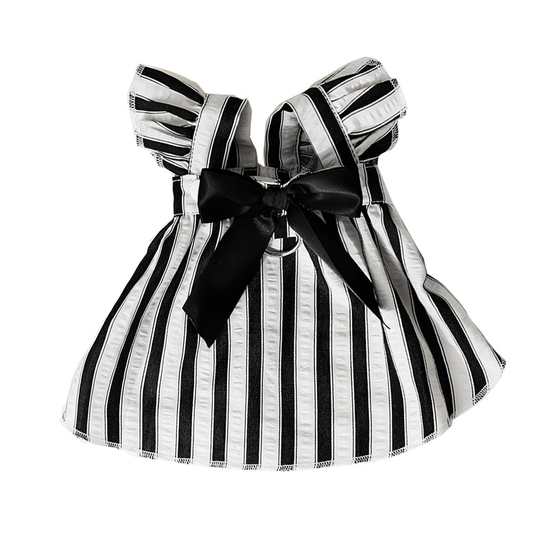 Rochie pentru câini mici, cu dungi negre și albe, stil Hepburn, cu fundă și lesă, pentru Bichon Frisé