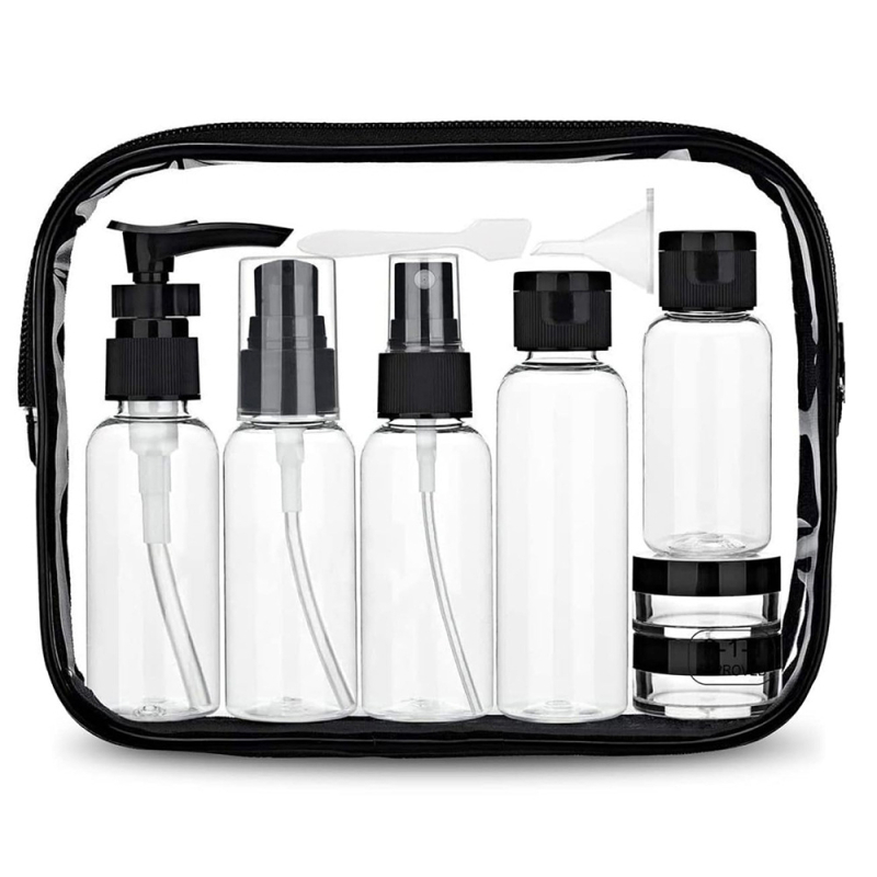 Set de 9 recipiente goale de tip dozator pentru călătorii — sticluțe pentru șampon, gel de duș și cosmetice