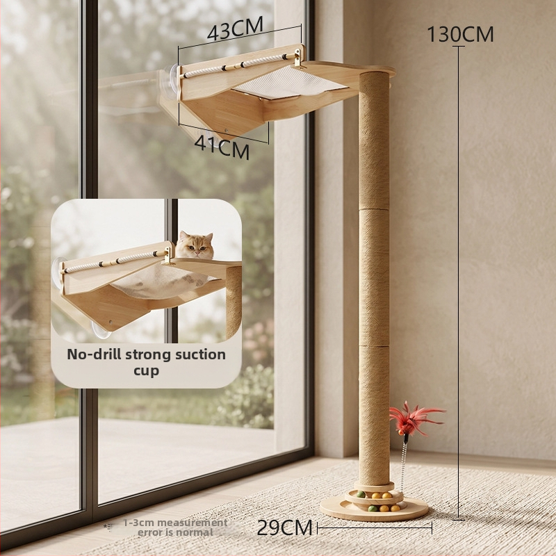 Stâlp vertical pentru zgâriere pisici din sisal, cu cadru de cățărare integrat și hamac cu ventuze