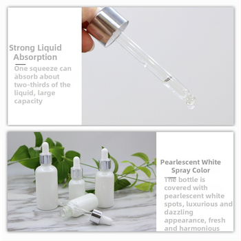 Alb perlat 15-50 ml sticlă de cosmetice din sticlă întunecată, cu pipetă, capac din cauciuc alb și inel argintiu