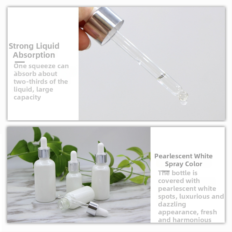 Alb perlat 15-50 ml sticlă de cosmetice din sticlă întunecată, cu pipetă, capac din cauciuc alb și inel argintiu