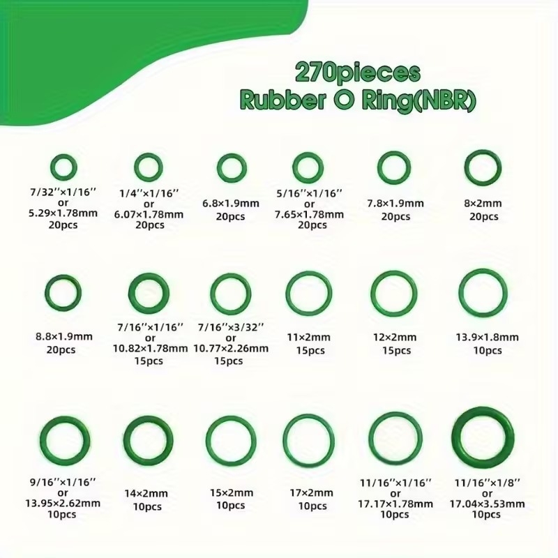 Set de 270 piese pentru repararea climatizării auto, inele O din nitril verzi, etanșe la apă