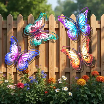 Set de patru decorațiuni metalice pentru perete în formă de fluture, ornamente colorate pentru grădină, interior și exterior.