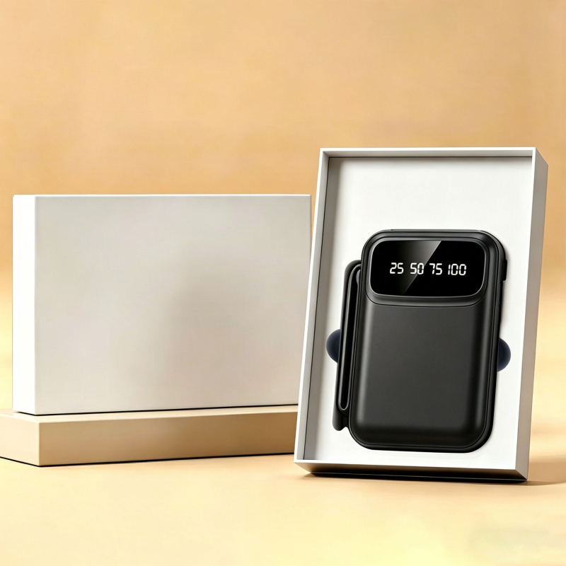 Cadou corporativ de lux într-o cutie premium, baterie externă încorporată cu cabluri 4-in-1 și logo personalizat