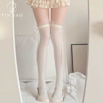 Șosete cu funda în stil japonez, peste genunchi, culoare solidă, stil Lolita