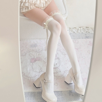 Șosete cu funda în stil japonez, peste genunchi, culoare solidă, stil Lolita