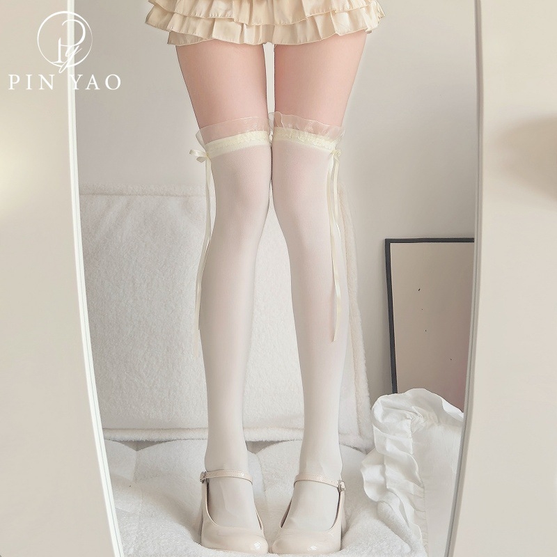 Șosete cu funda în stil japonez, peste genunchi, culoare solidă, stil Lolita