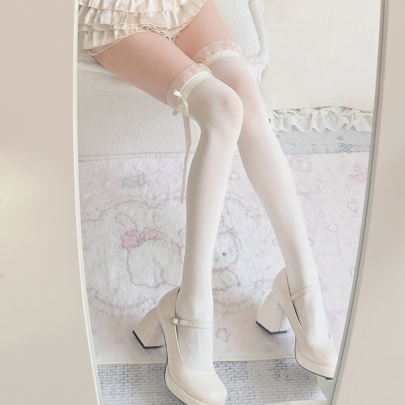 Șosete cu funda în stil japonez, peste genunchi, culoare solidă, stil Lolita
