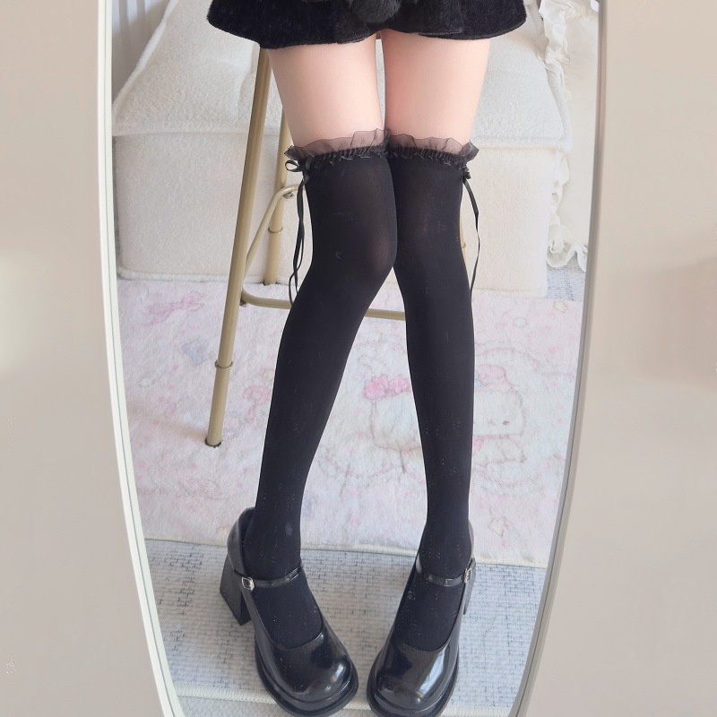 Șosete cu funda în stil japonez, peste genunchi, culoare solidă, stil Lolita