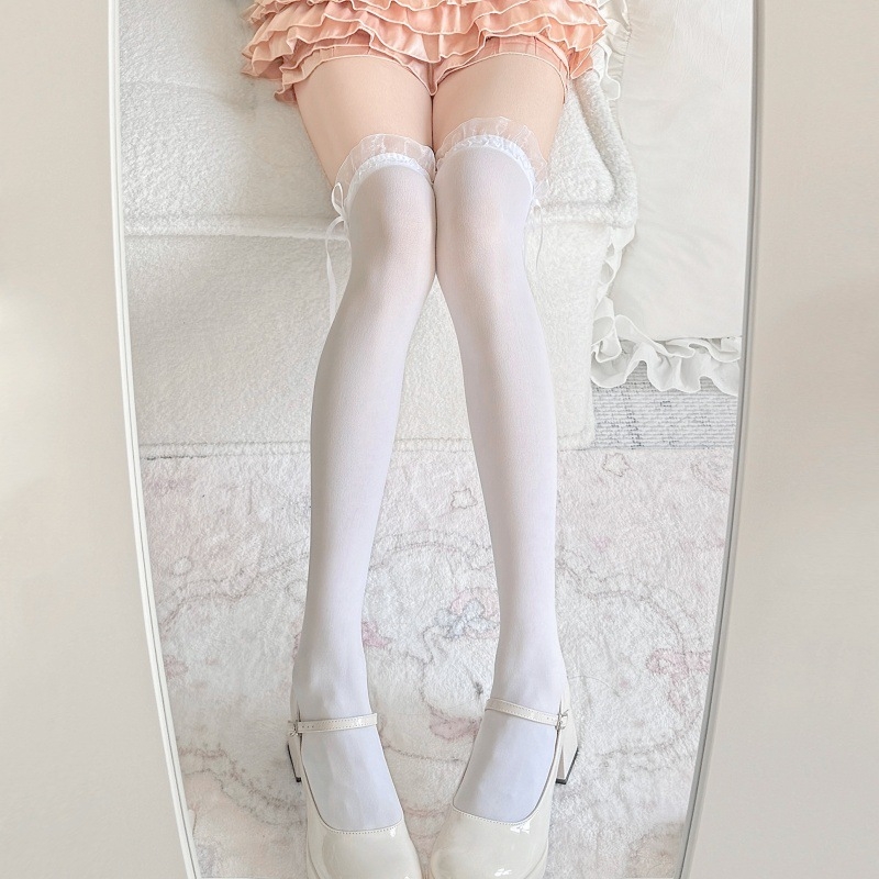 Șosete cu funda în stil japonez, peste genunchi, culoare solidă, stil Lolita