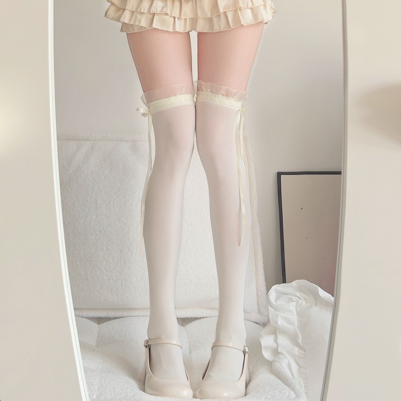 Șosete cu funda în stil japonez, peste genunchi, culoare solidă, stil Lolita