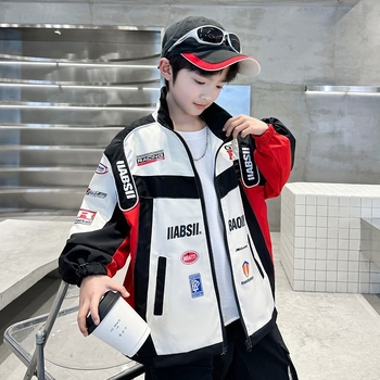 Jachetă băiat pentru copii, stil baseball, model 2026 primăvară-toamnă, croială casual, fermoar, imprimeu cu litere.