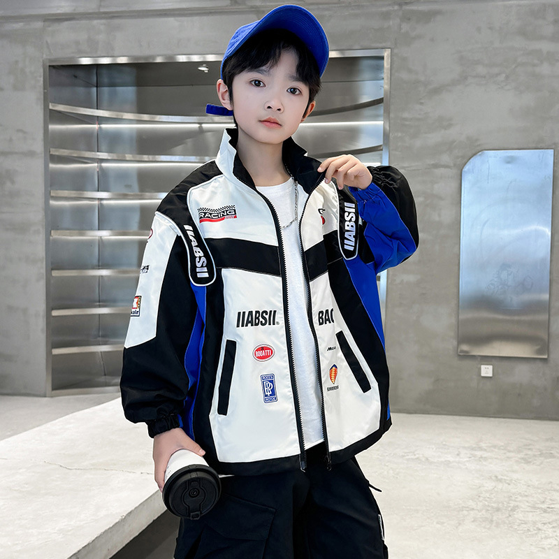 Jachetă băiat pentru copii, stil baseball, model 2026 primăvară-toamnă, croială casual, fermoar, imprimeu cu litere.
