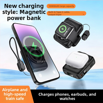 Baterie externă 3 în 1 cu încărcare rapidă și încărcare magnetică, 10000 mAh, cu cablu, pentru telefoane, căști și ceasuri
