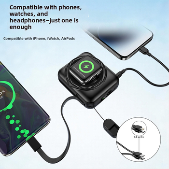 Baterie externă 3 în 1 cu încărcare rapidă și încărcare magnetică, 10000 mAh, cu cablu, pentru telefoane, căști și ceasuri