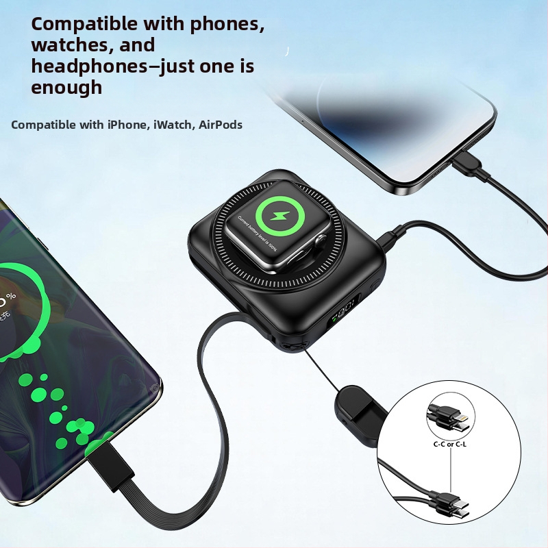 Rýchlonabíjacia powerbanka tri v jednom s magnetickým nabíjaním a káblom, 10 000 mAh pre telefóny, slúchadlá a hodinky