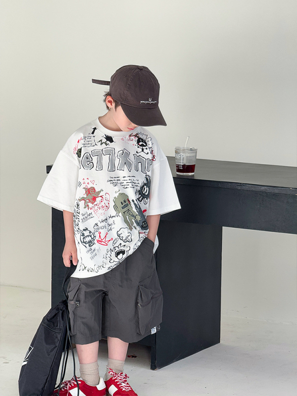 2025 Vară - nou set pentru copii din bumbac 100% în două piese, pentru vârsta 5–16 ani, tricou cu mânecă scurtă și pantaloni scurți, stil coreean
