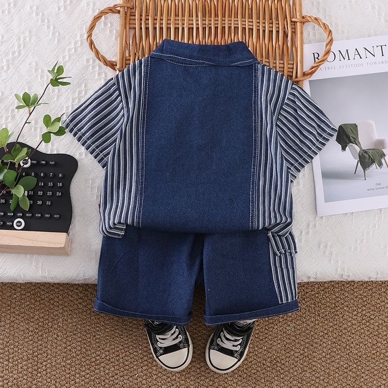 Set de vară pentru băieți, în două piese: cămașă denim cu mâneci scurte și pantaloni în dungi, 2026