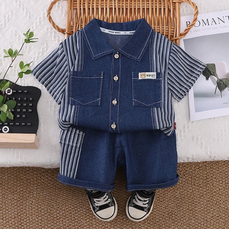 Set de vară pentru băieți, în două piese: cămașă denim cu mâneci scurte și pantaloni în dungi, 2026