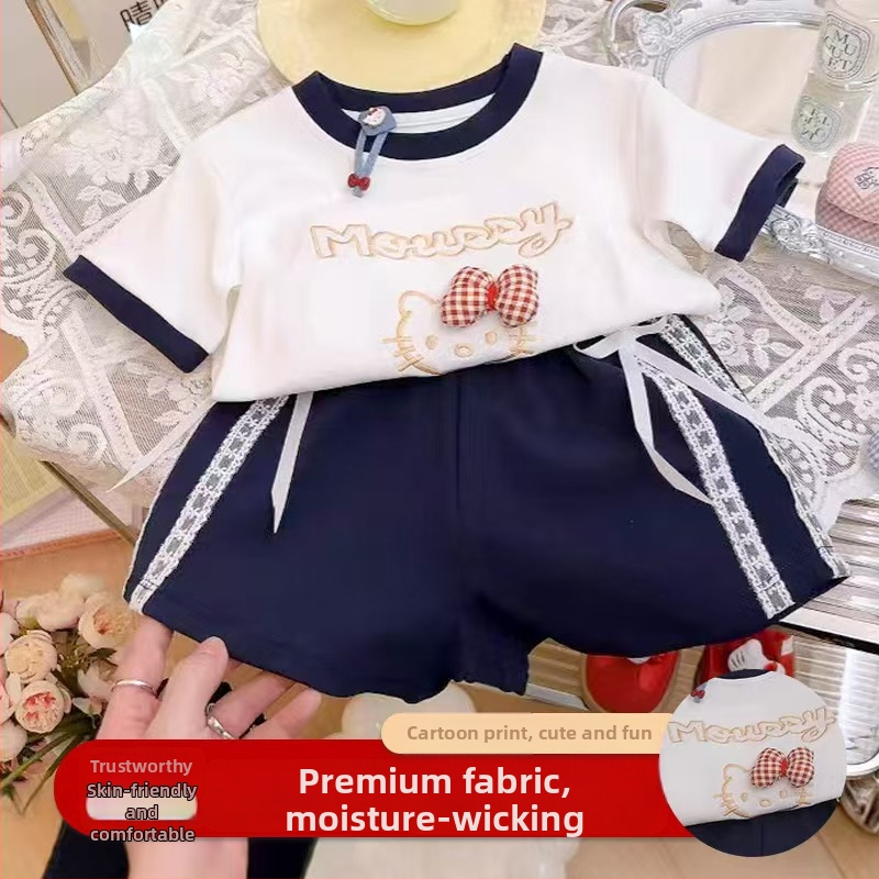 Set pentru fete din 100% bumbac, cu mâneci scurte, tricou brodat cu funda și șorturi