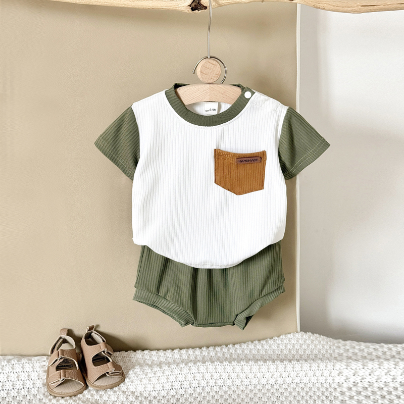 Set de vară pentru copii, stil coreean, din două piese: tricou cu buzunare și patchwork și chiloți, culori dulci