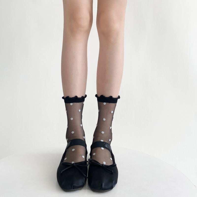 Șoșete din nylon ultrafine până la jumătatea gambei, transparente, cu model cu buline și valuri, negru-alb