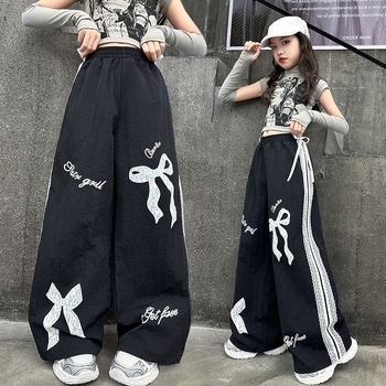 Pantaloni largi pentru fete, în stil coreean, cu fundă, dantelă, culoare solidă, talie medie, lejeri, pentru primăvară