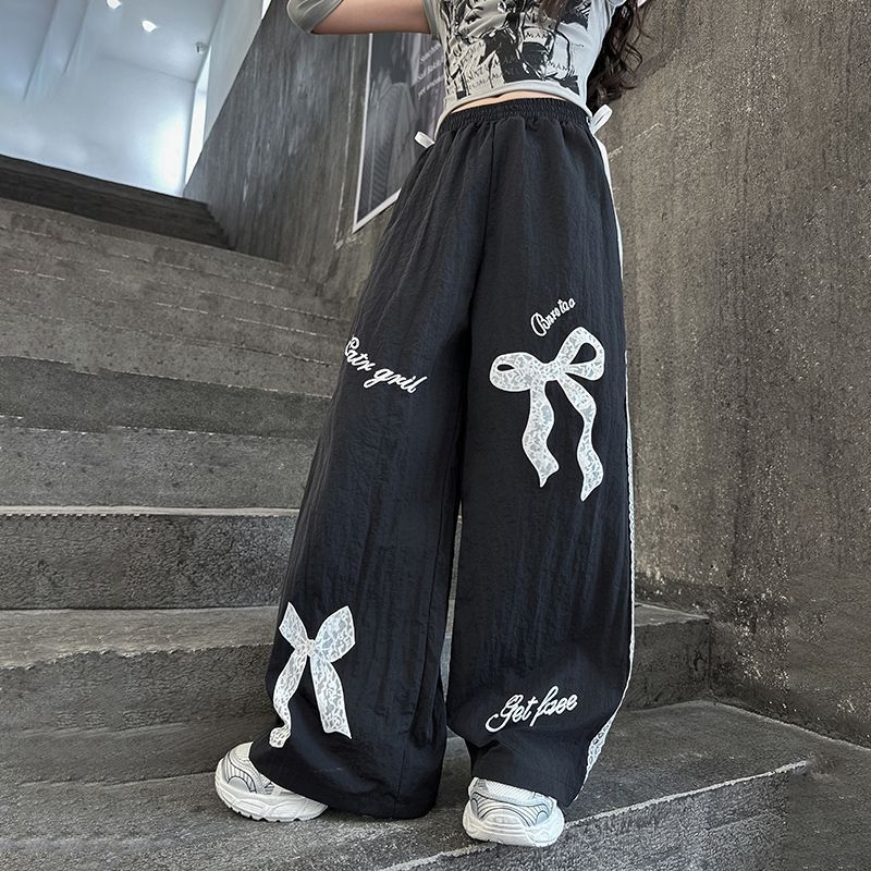 Pantaloni largi pentru fete, în stil coreean, cu fundă, dantelă, culoare solidă, talie medie, lejeri, pentru primăvară