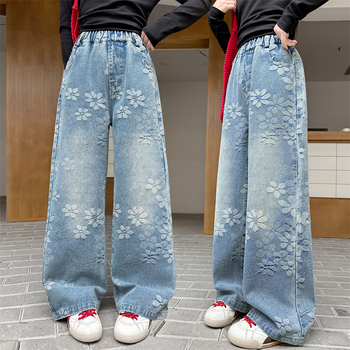 Pantaloni denim albaștri cu jacquard, drepti, pentru fete 6–16 ani, casual primăvară-toamnă