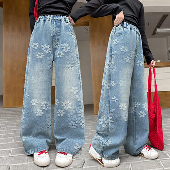 Pantaloni denim albaștri cu jacquard, drepti, pentru fete 6–16 ani, casual primăvară-toamnă