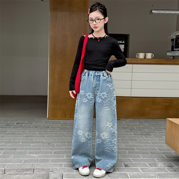 Pantaloni denim albaștri cu jacquard, drepti, pentru fete 6–16 ani, casual primăvară-toamnă