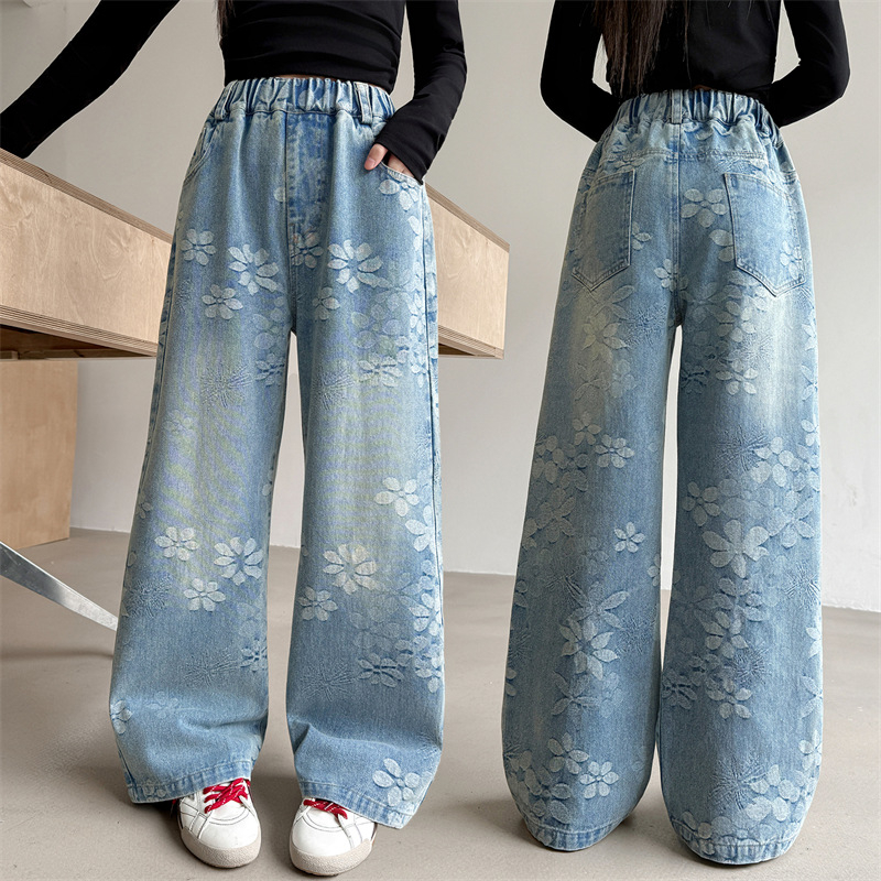 Pantaloni denim albaștri cu jacquard, drepti, pentru fete 6–16 ani, casual primăvară-toamnă