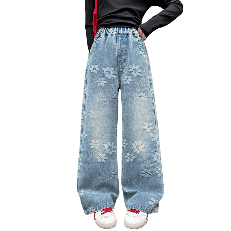 Pantaloni denim albaștri cu jacquard, drepti, pentru fete 6–16 ani, casual primăvară-toamnă