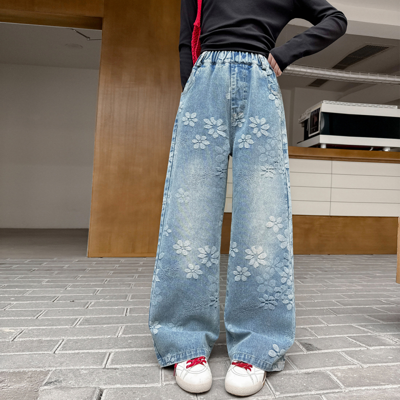 Pantaloni denim albaștri cu jacquard, drepti, pentru fete 6–16 ani, casual primăvară-toamnă
