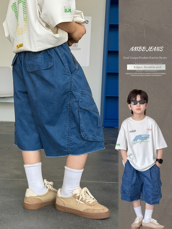 Aimo Beibei Shorturi denim pentru băieți, 100% bumbac, spălate, margini franjurate, stil coreean